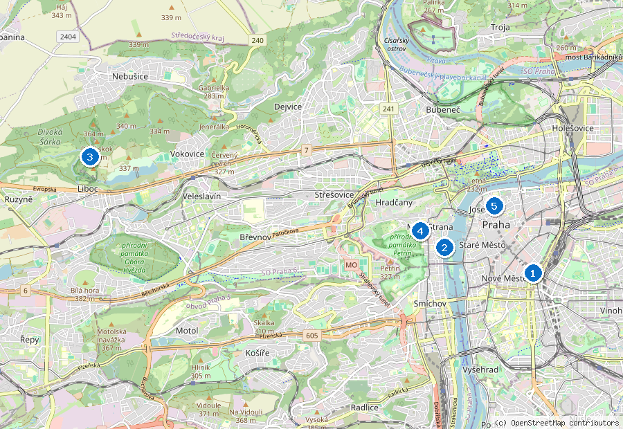 Mappa di Praga con i luoghi numerati