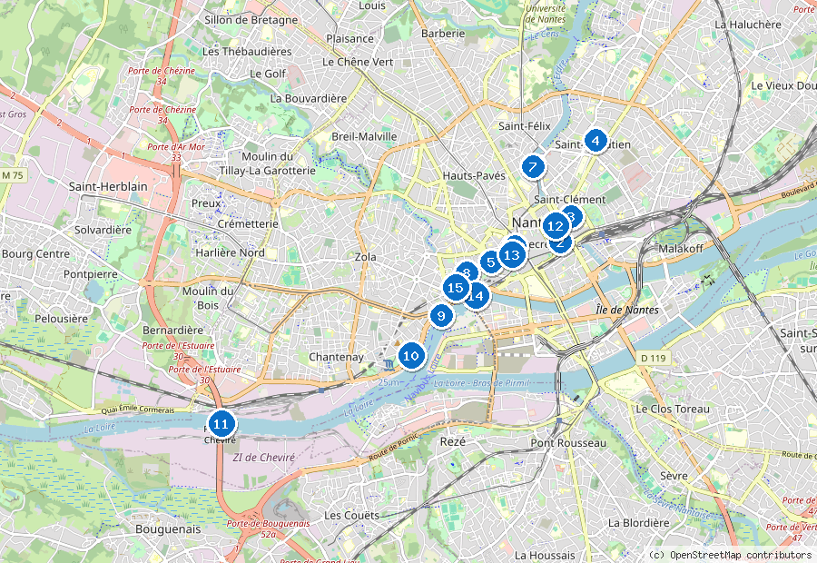 Mappa di Nantes con i luoghi numerati