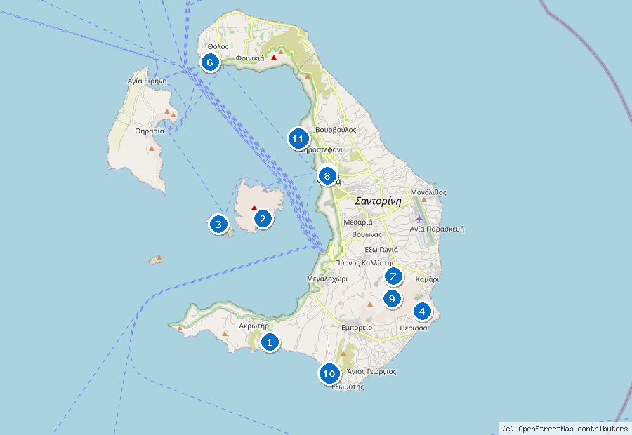 Mappa di Isola di Santorini con i luoghi numerati