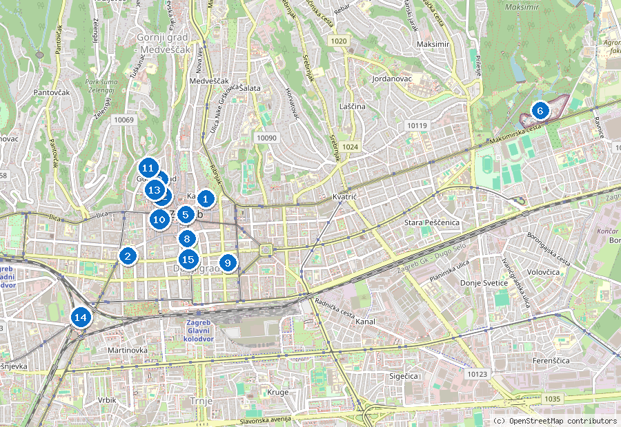 Mappa di Zagabria con i luoghi numerati