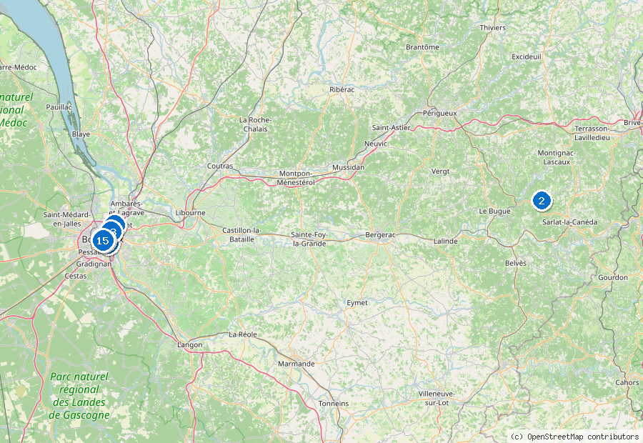Mappa di Bordeaux/Mérignac con i luoghi numerati