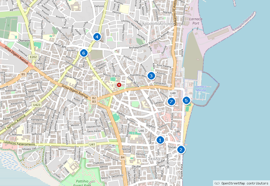 Mappa di Larnaca con i luoghi numerati