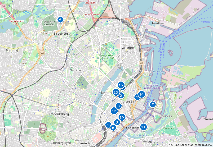 Mappa di Copenaghen con i luoghi numerati