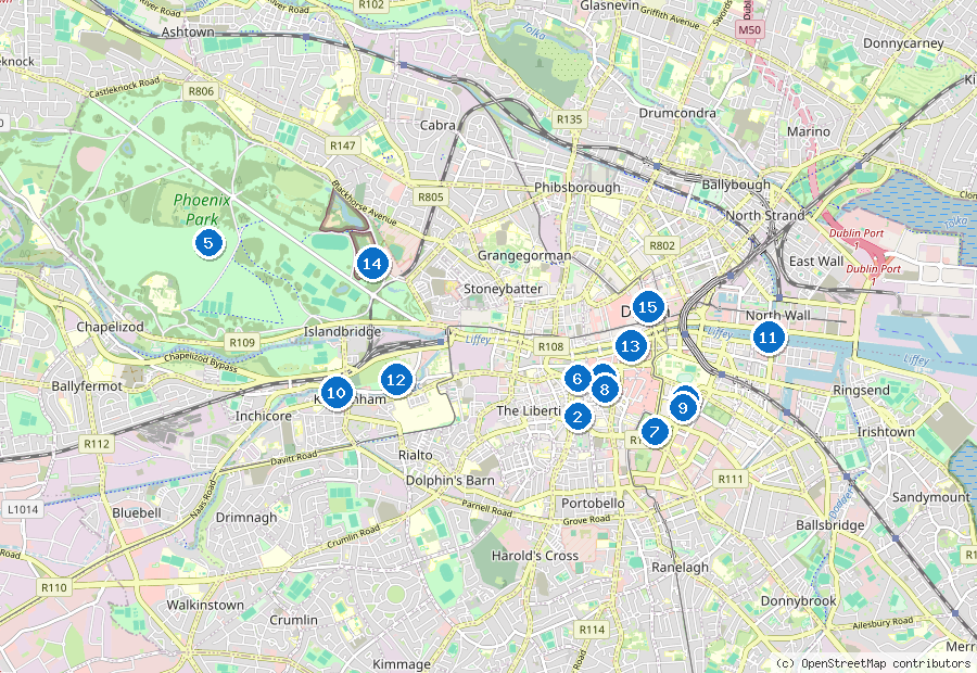 Mappa di Dublino con i luoghi numerati