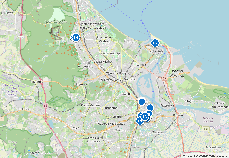 Mappa di Danzica con i luoghi numerati