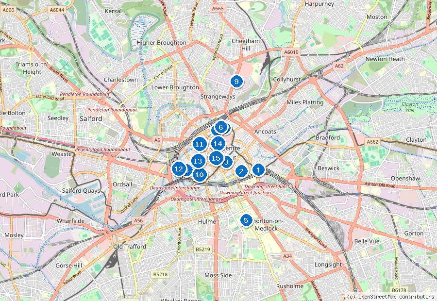 Mappa di Manchester con i luoghi numerati