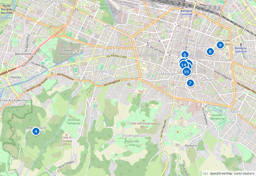 Mappa di Bologna con i luoghi numerati