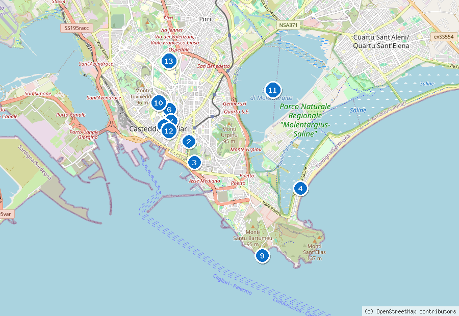Mappa di Cagliari con i luoghi numerati