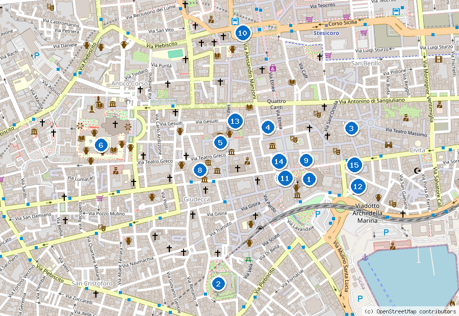 Mappa di Catania con i luoghi numerati