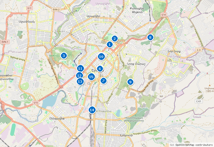 Mappa di Yerevan con i luoghi numerati