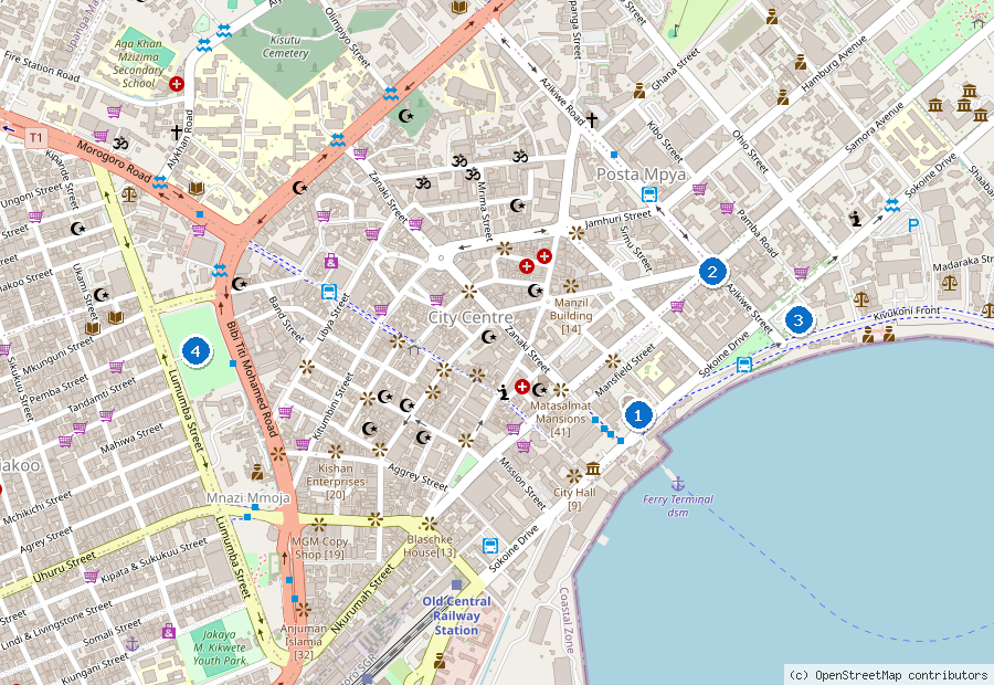 Mappa di Dar es Salaam con i luoghi numerati