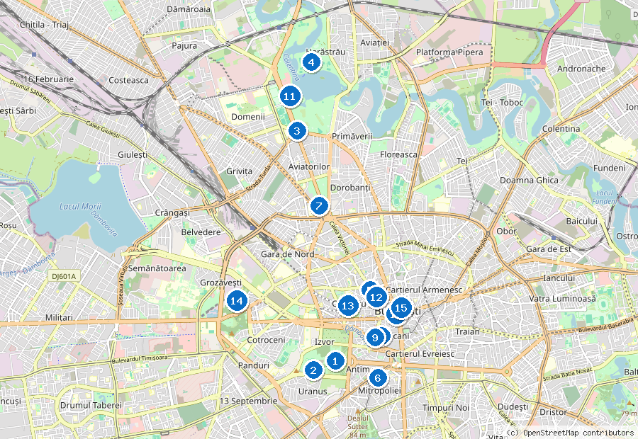 Mappa di Bucarest con i luoghi numerati