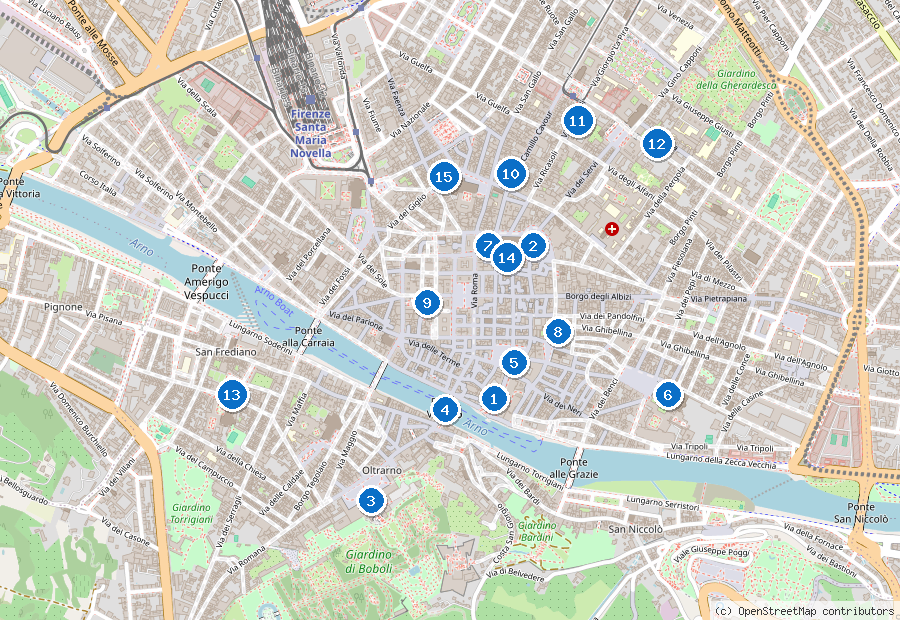 Mappa di Firenze con i luoghi numerati