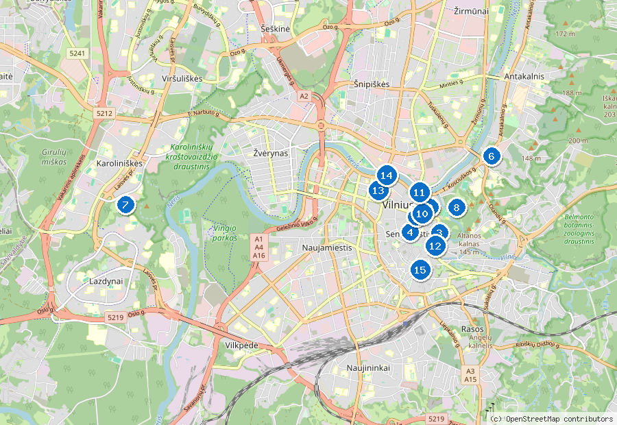 Mappa di Vilnius con i luoghi numerati