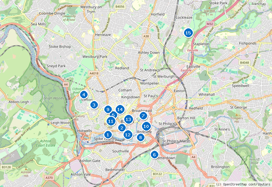 Mappa di Bristol con i luoghi numerati