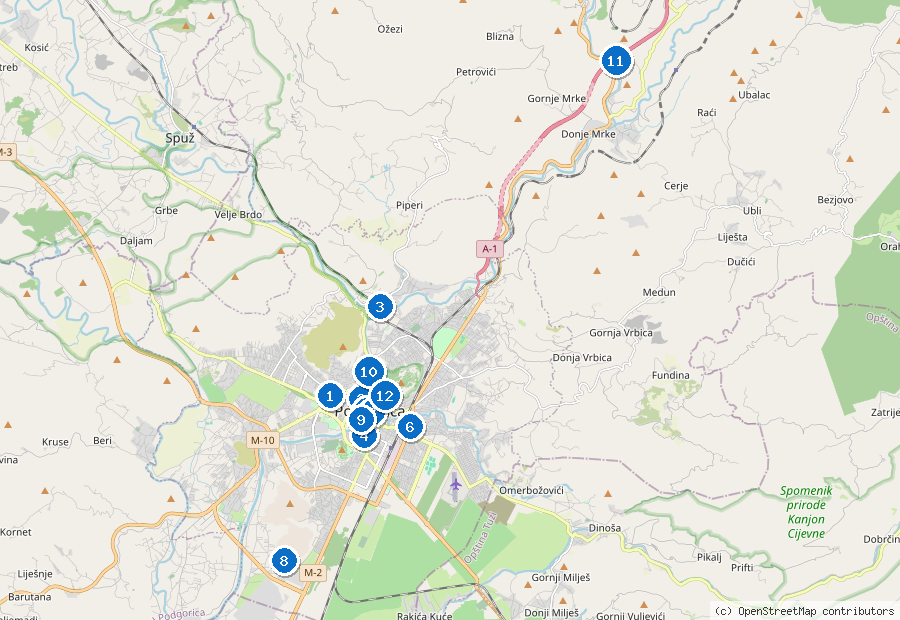 Mappa di Podgorica con i luoghi numerati