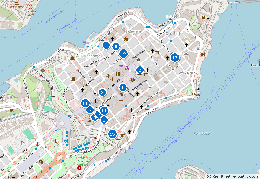Mappa di La Valletta con i luoghi numerati
