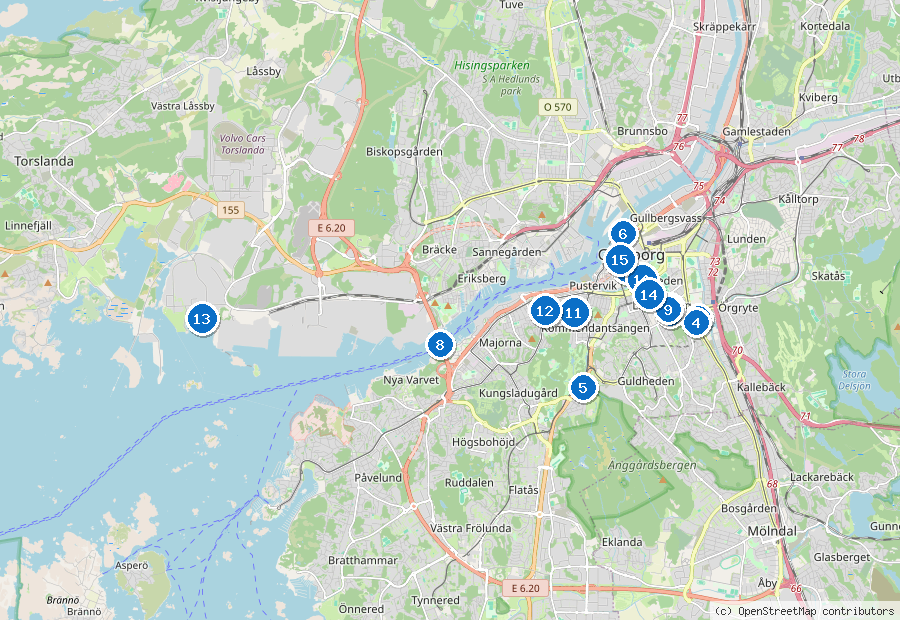 Mappa di Göteborg con i luoghi numerati