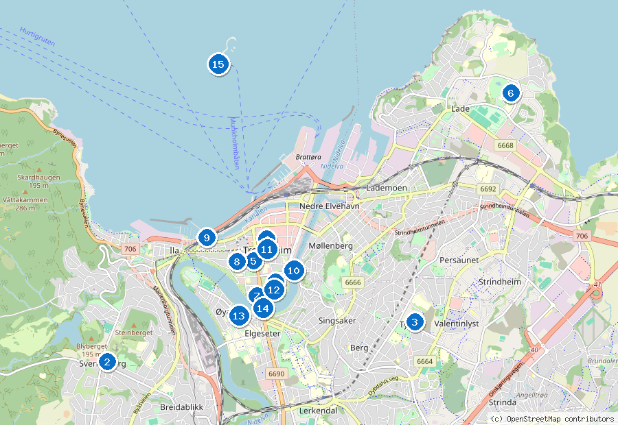 Mappa di Trondheim con i luoghi numerati