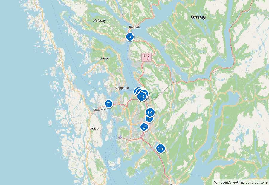 Mappa di Bergen con i luoghi numerati