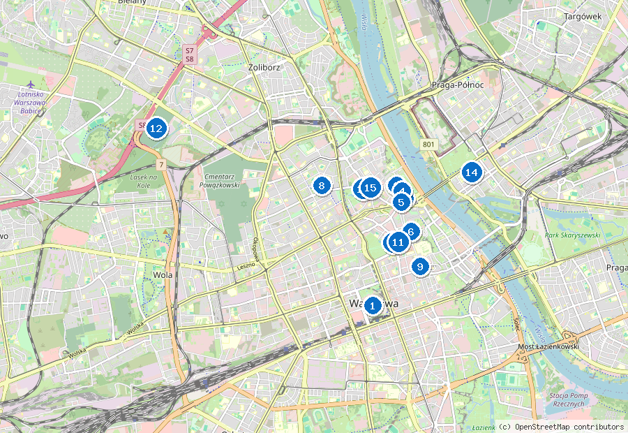Mappa di Varsavia con i luoghi numerati