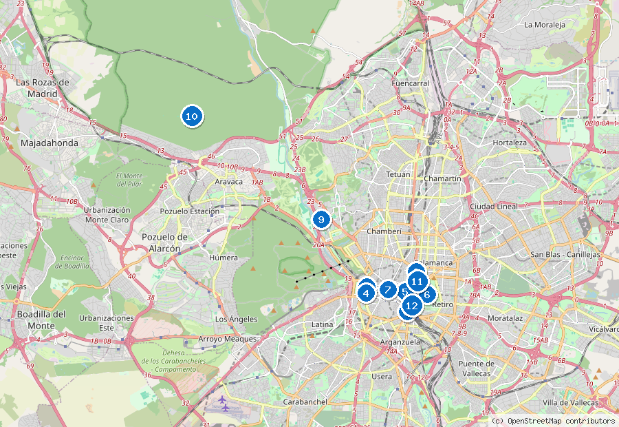 Mappa di Madrid con i luoghi numerati