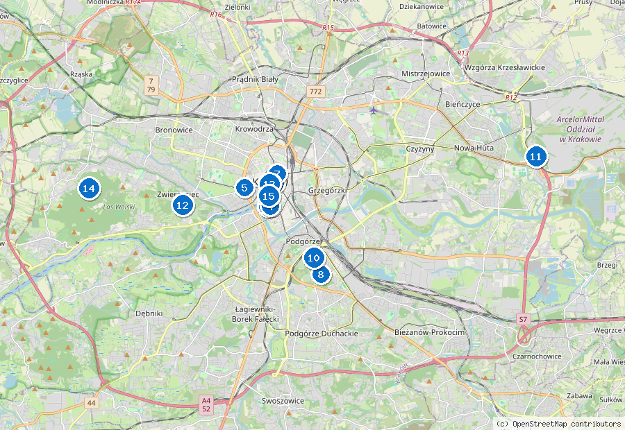 Mappa di Cracovia con i luoghi numerati