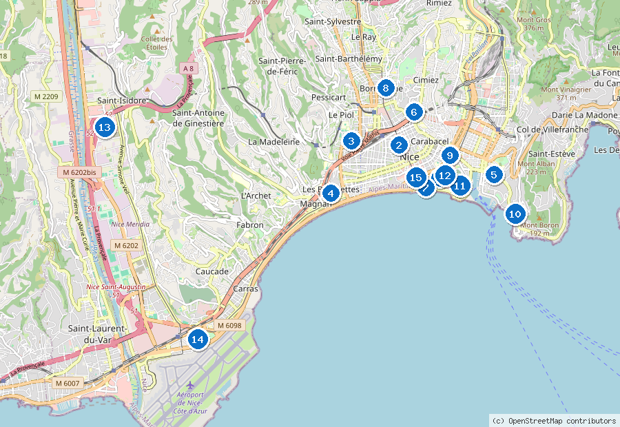 Mappa di Nizza con i luoghi numerati