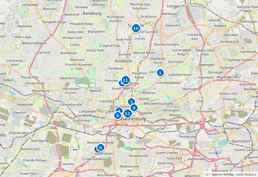 Mappa di Johannesburg con i luoghi numerati
