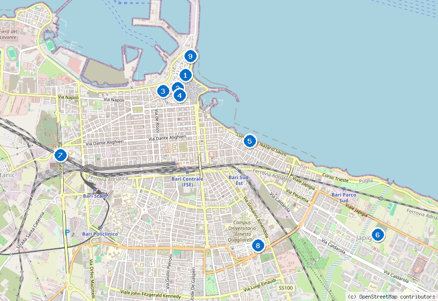 Mappa di Bari con i luoghi numerati