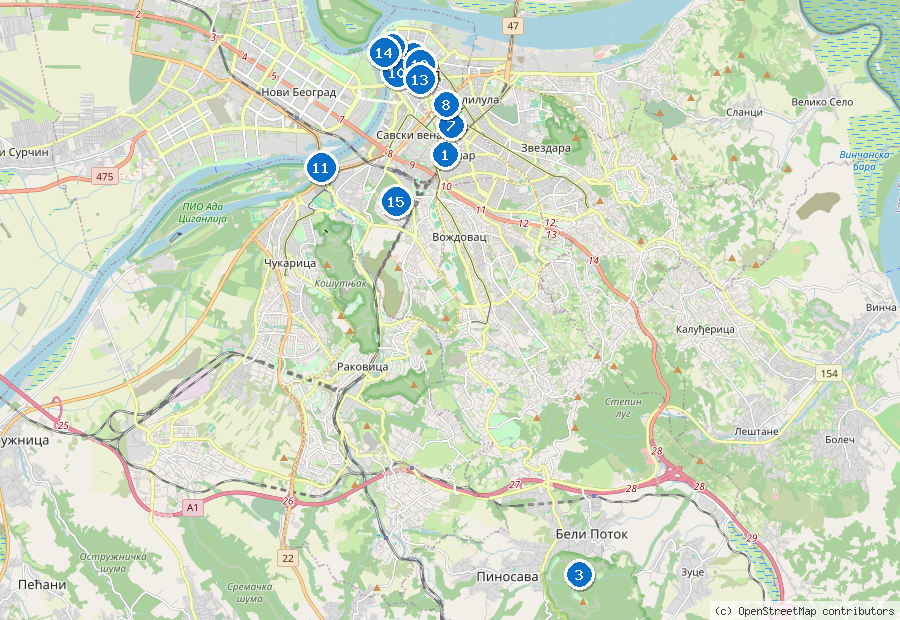 Mappa di Belgrado con i luoghi numerati