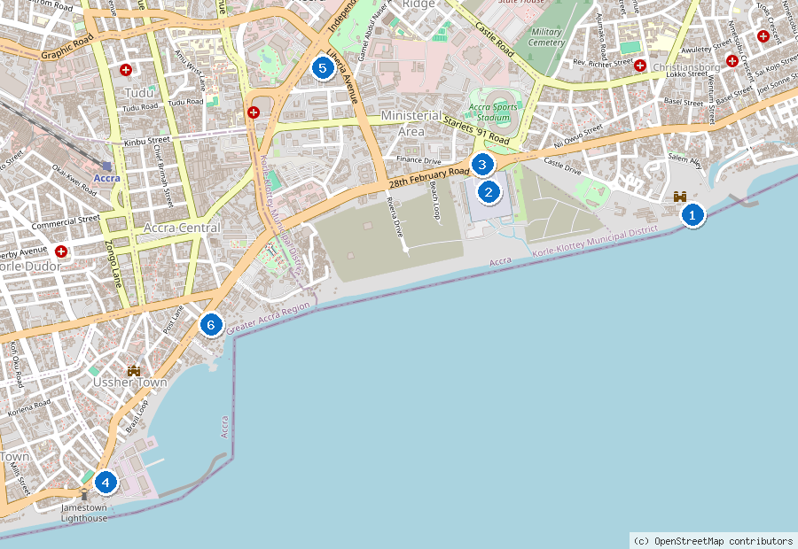 Mappa di Accra con i luoghi numerati