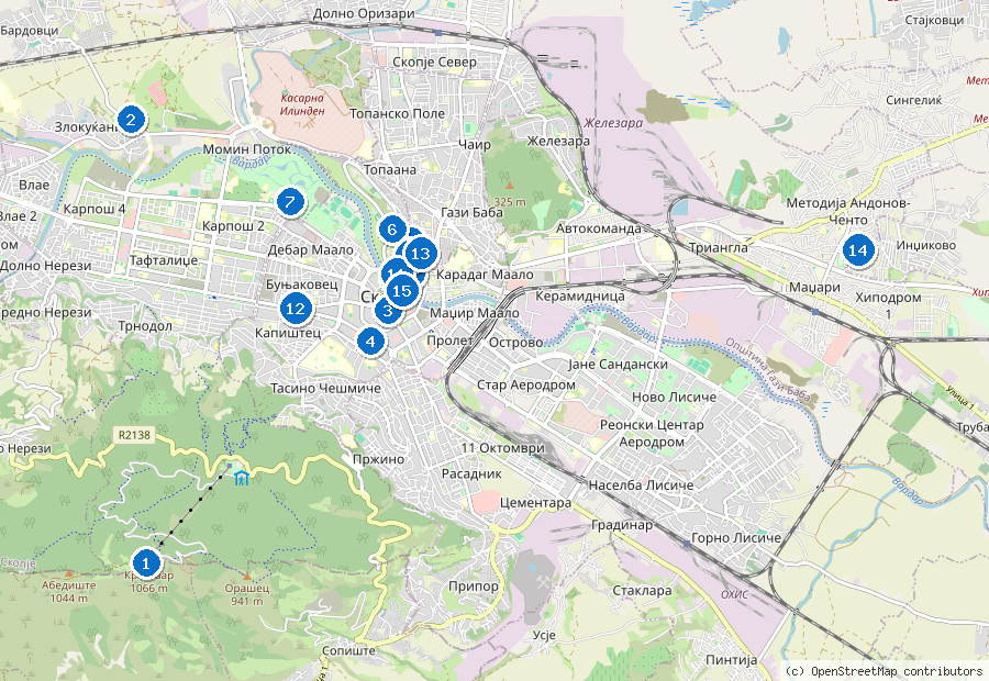 Mappa di Skopje con i luoghi numerati