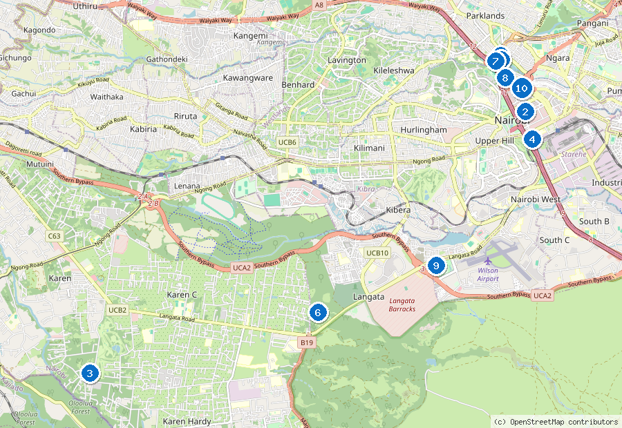 Mappa di Nairobi con i luoghi numerati