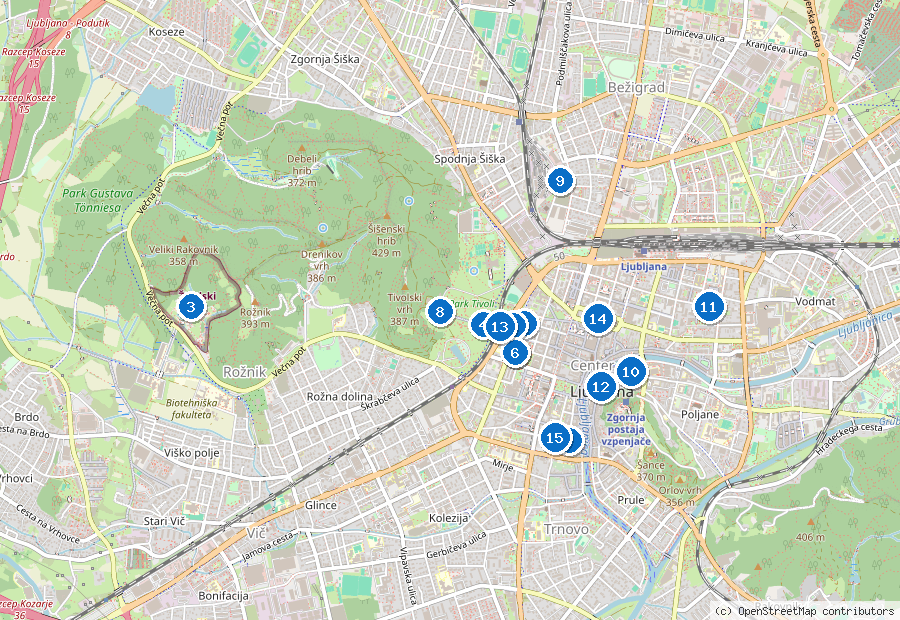 Mappa di Lubiana con i luoghi numerati