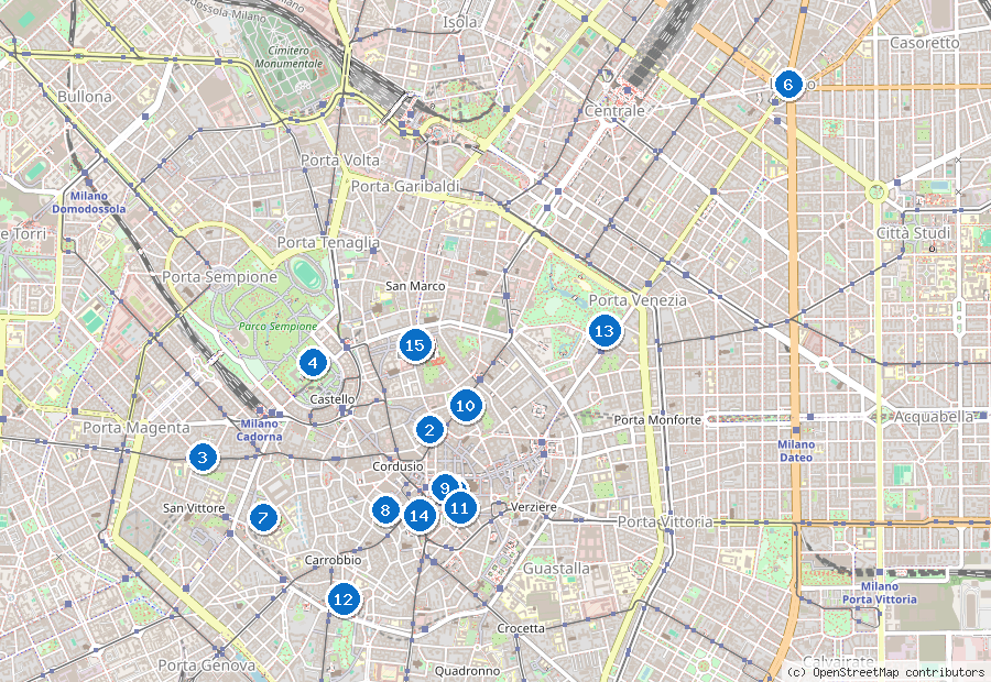 Mappa di Milano con i luoghi numerati