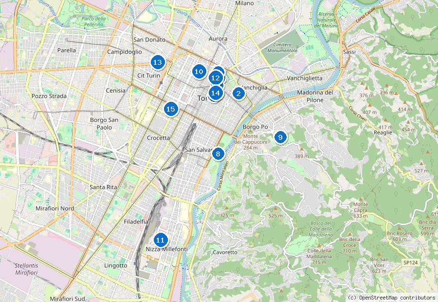 Mappa di Torino con i luoghi numerati