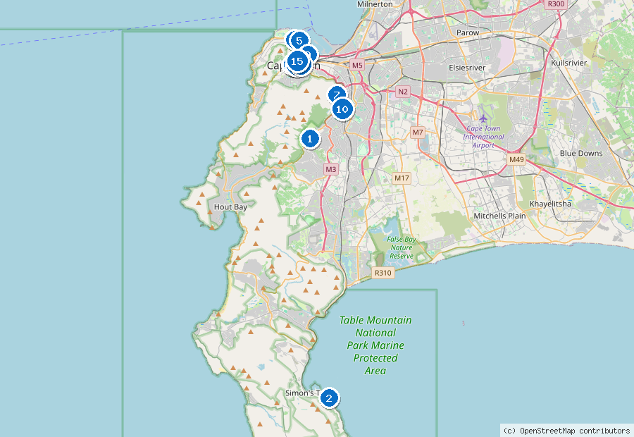 Mappa di Città del Capo con i luoghi numerati