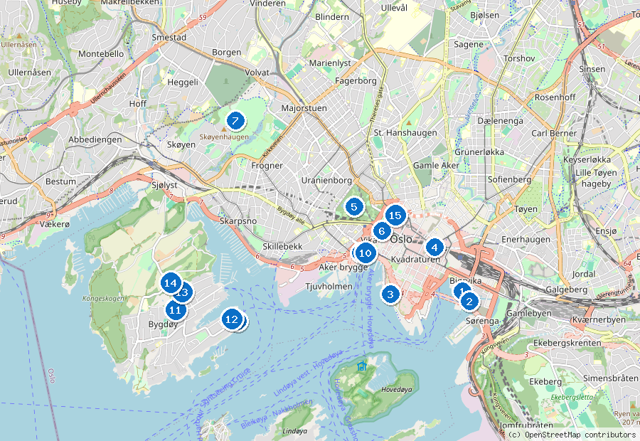 Mappa di Oslo con i luoghi numerati