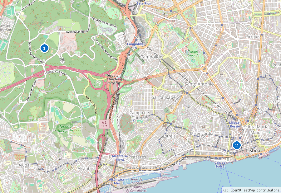 Mappa di Lisbona con i luoghi numerati