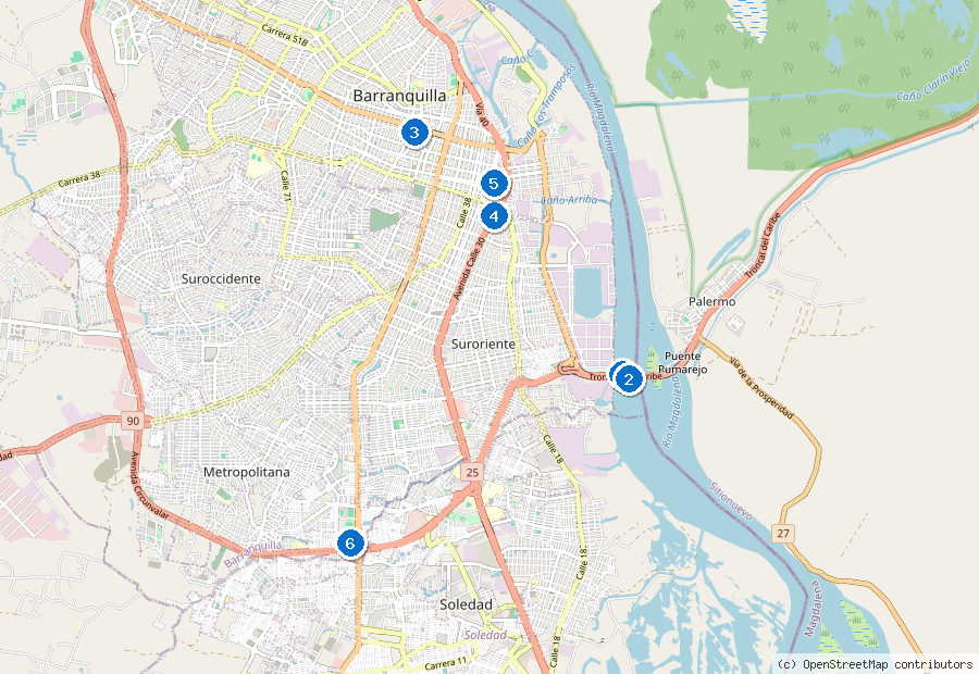 Mappa di Barranquilla con i luoghi numerati