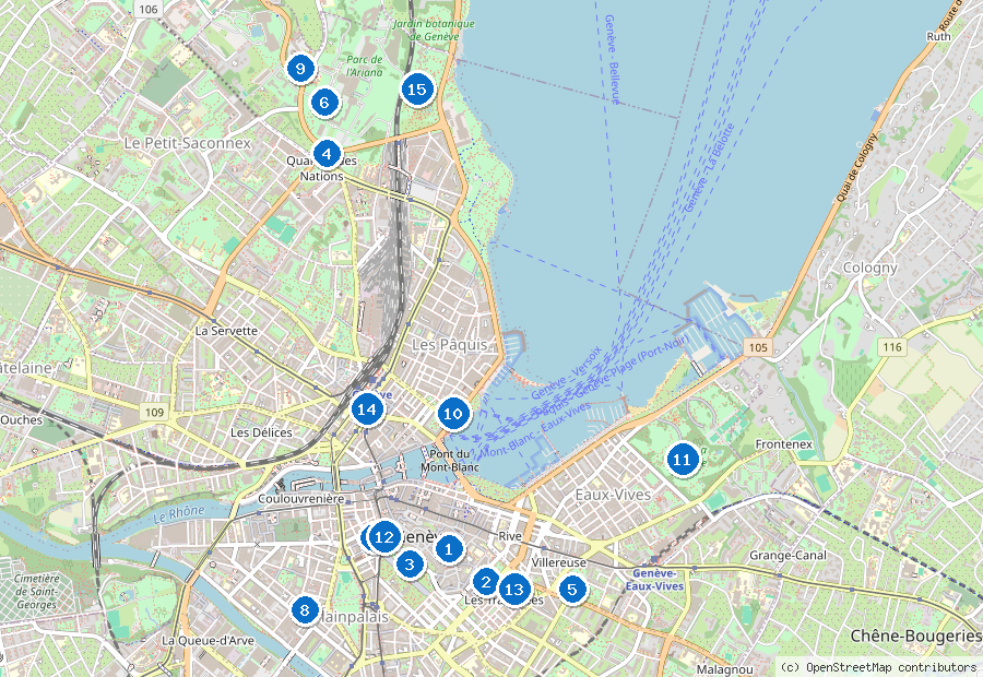 Mappa di Ginevra con i luoghi numerati