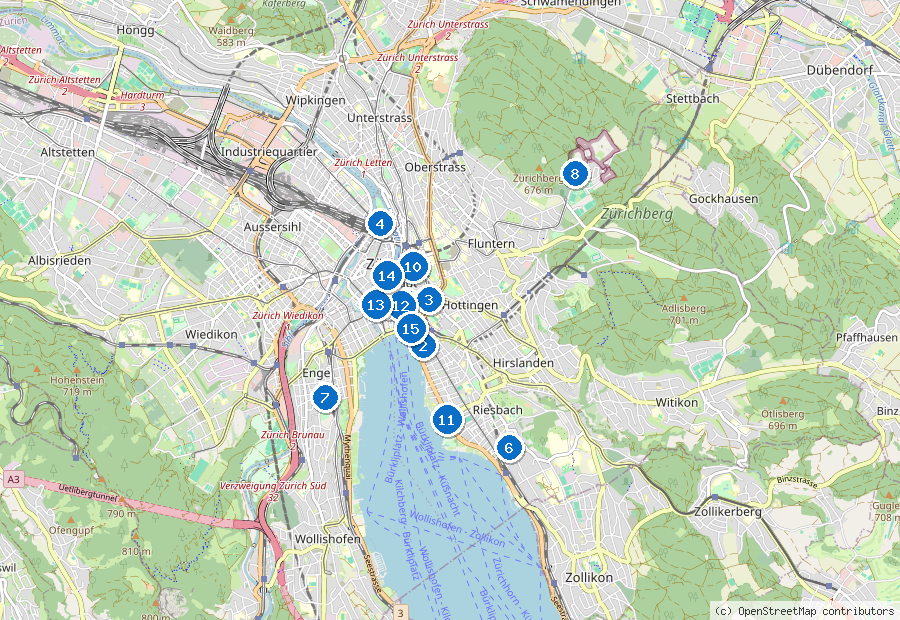 Mappa di Zurigo con i luoghi numerati