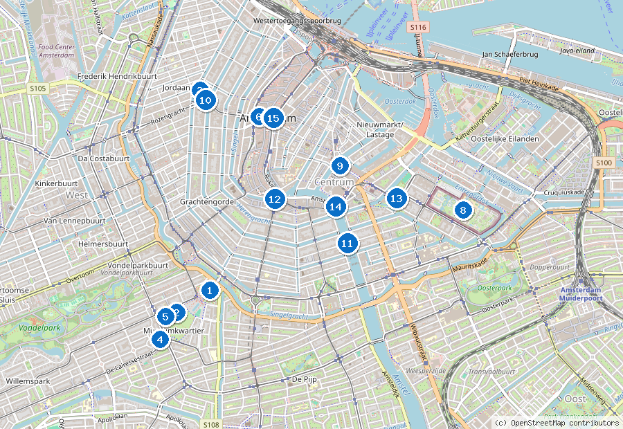 Mappa di Amsterdam con i luoghi numerati