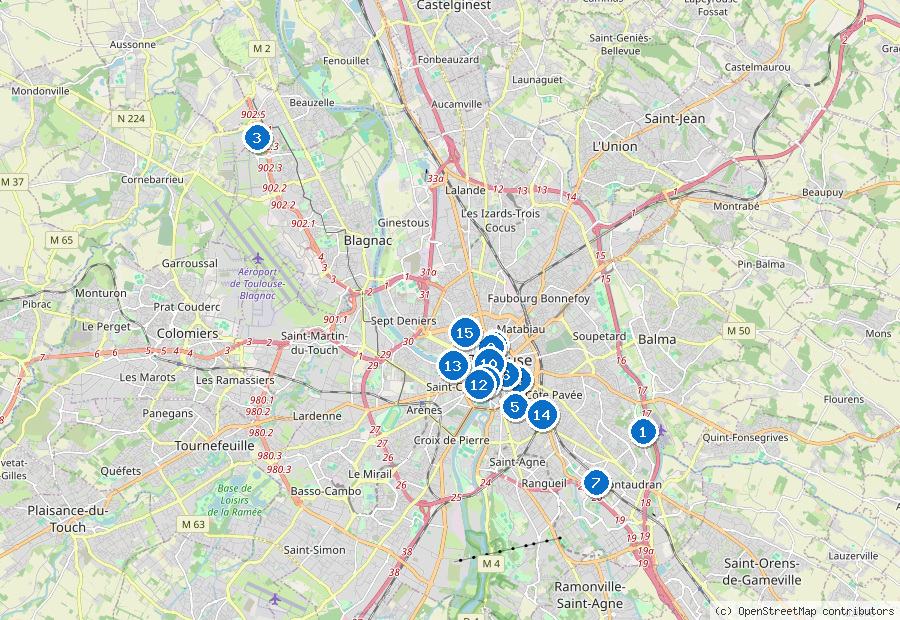 Mappa di Tolosa/Blagnac con i luoghi numerati