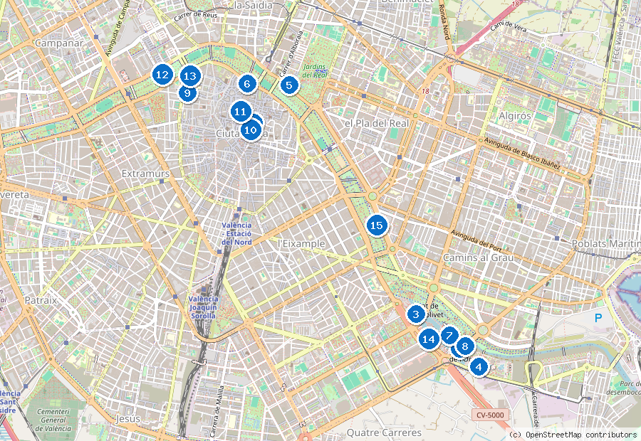 Mappa di Valencia con i luoghi numerati